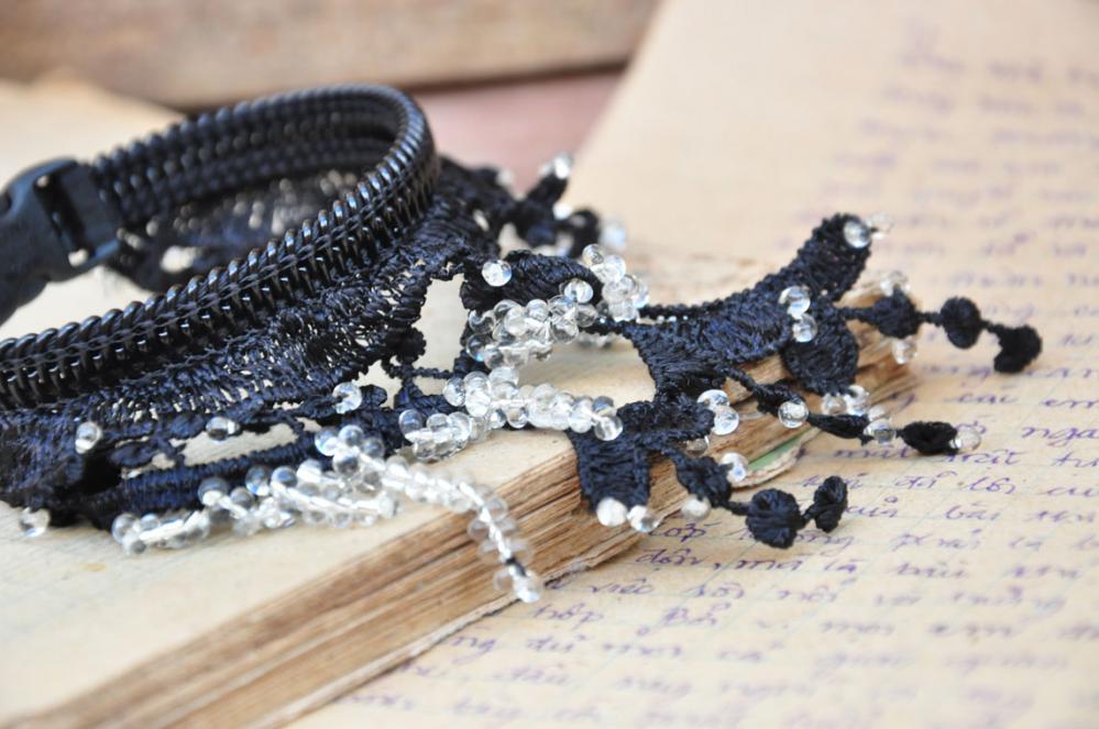 Black Lace Bracelet, Feminine Fashion Cuff, - Beaded.
